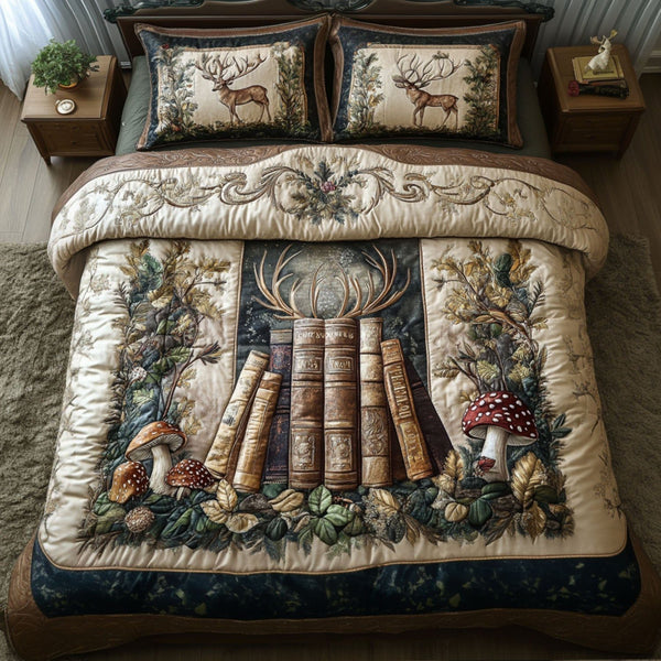 Antlered Library Elegance quilted 3-piece bedding set on a made bed with two matching pillow shams