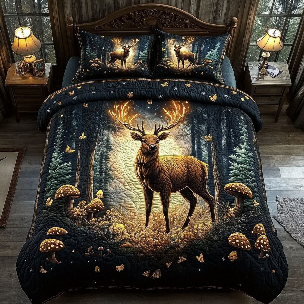 Antlered Majesty quilted 3-piece bedding set on a made bed with two matching pillow shams