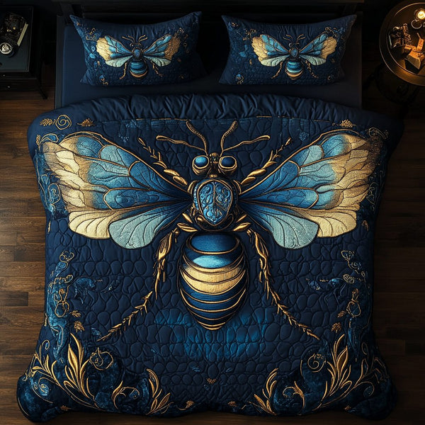 Apiary Art quilted 3-piece bedding set on a made bed with two matching pillow shams