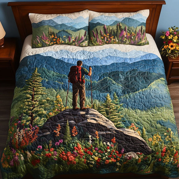 Appalachian Escape quilted 3-piece bedding set on a made bed with two matching pillow shams