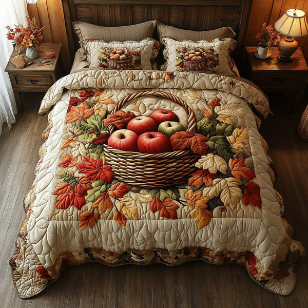 Apple Harvest quilted 3-piece bedding set on a made bed with two matching pillow shams