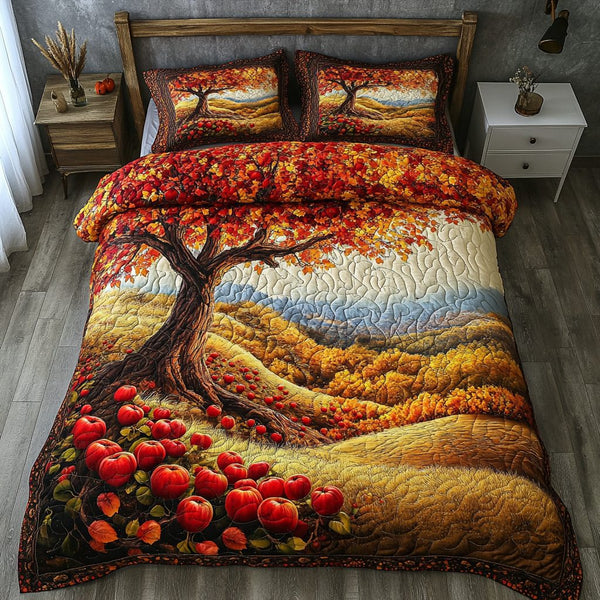 Apple Orchard quilted 3-piece bedding set on a made bed with two matching pillow shams