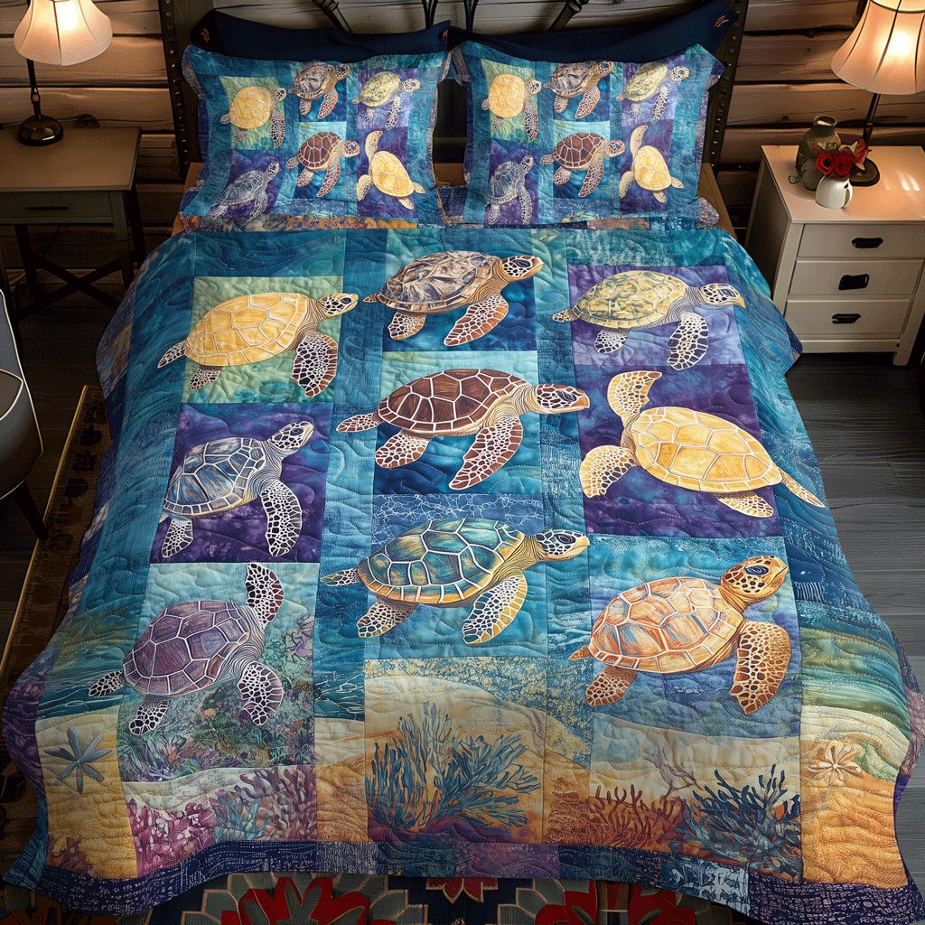Aqua Adventure quilted 3-piece bedding set on a made bed in a winter-styled bedroom