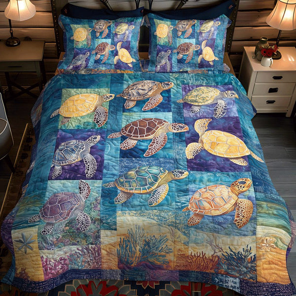 Aqua Adventure quilted 3-piece bedding set on a made bed in a winter-styled bedroom