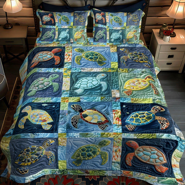 Aqua Adventure quilted 3-piece bedding set on a made bed in a winter-styled bedroom