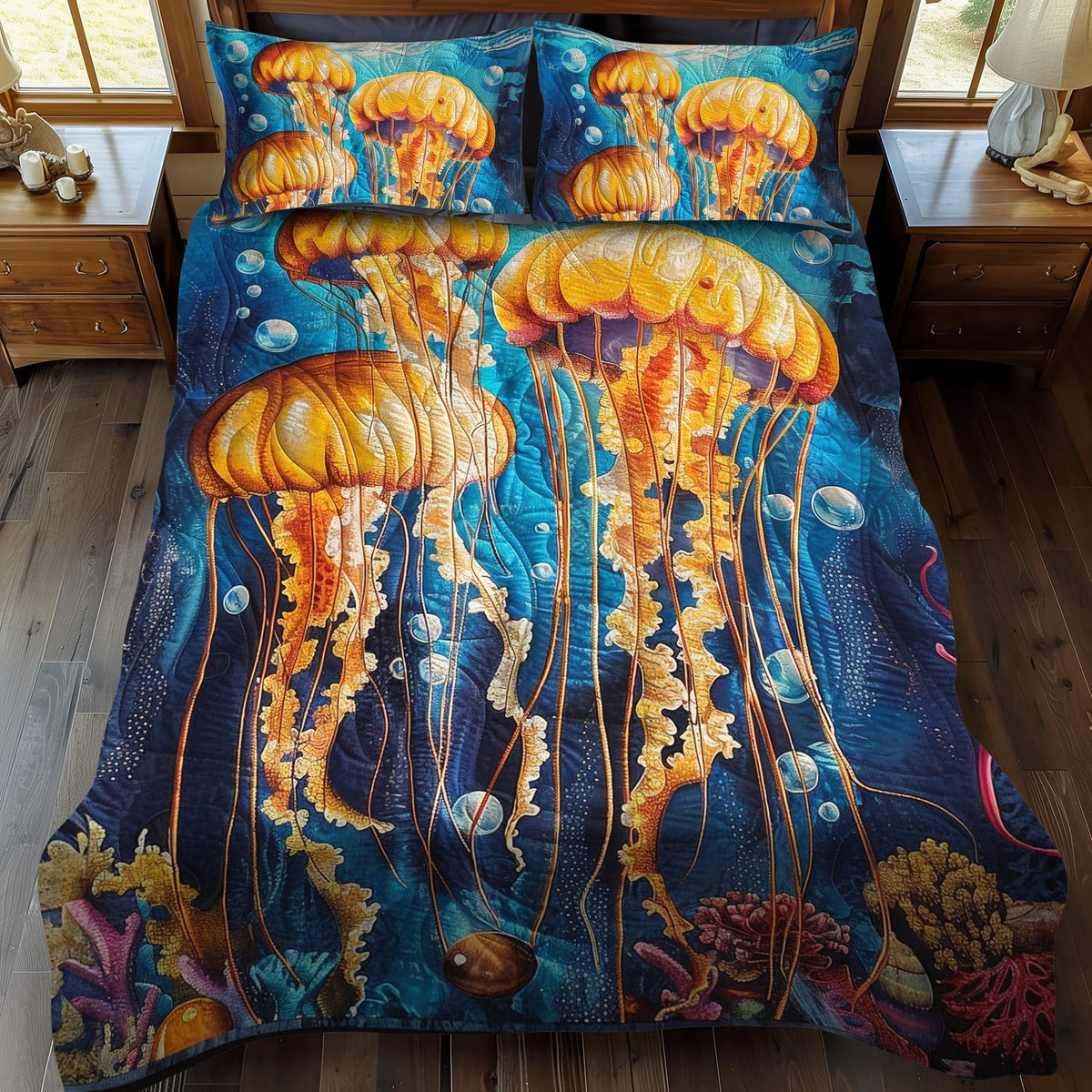 Aqua Ballet quilted 3-piece bedding set on a made bed with two matching pillow shams