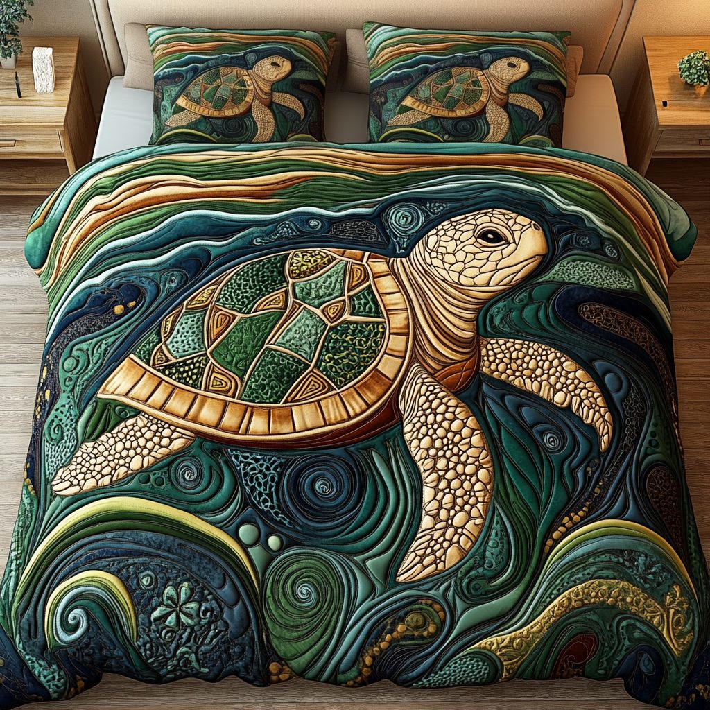 Aqua Calm quilted 3-piece bedding set on a made bed with two matching pillow shams