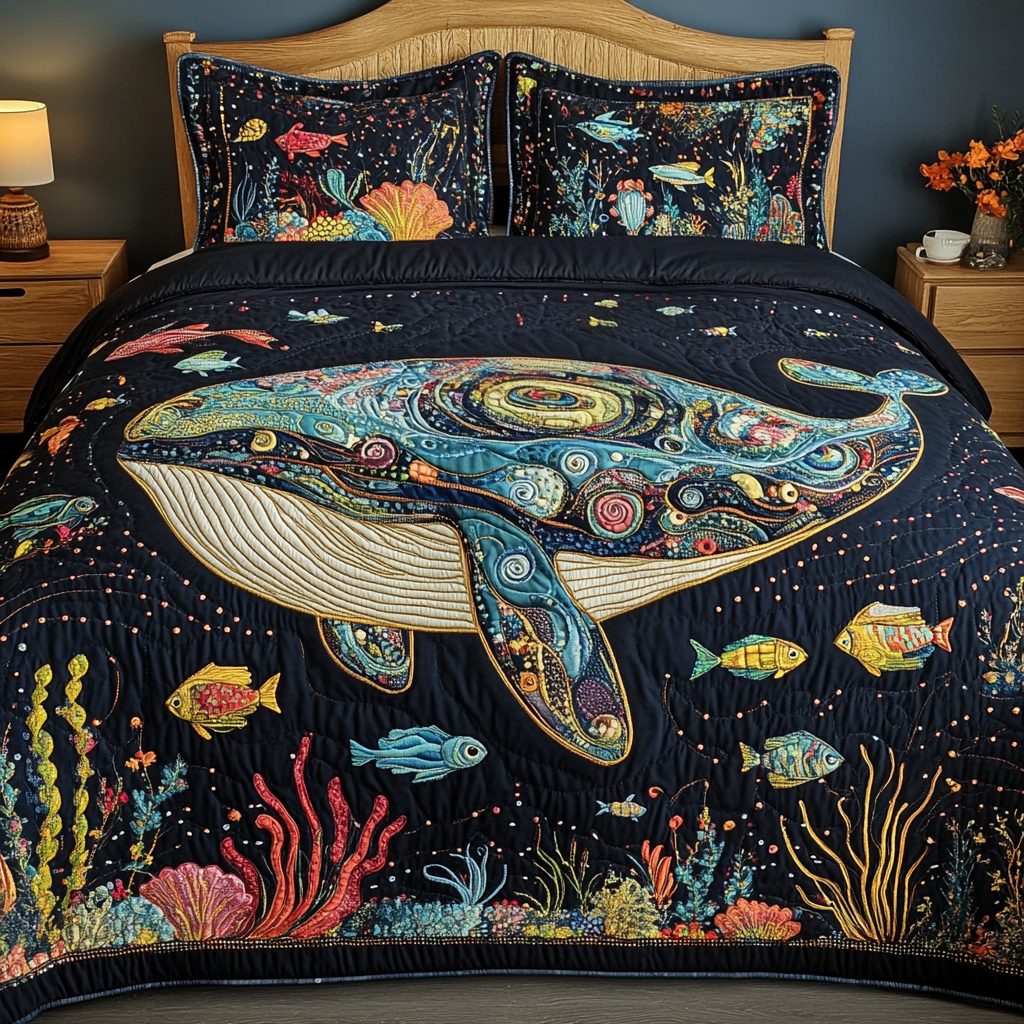 Aqua Drift quilted 3-piece bedding set on a made bed with two matching pillow shams