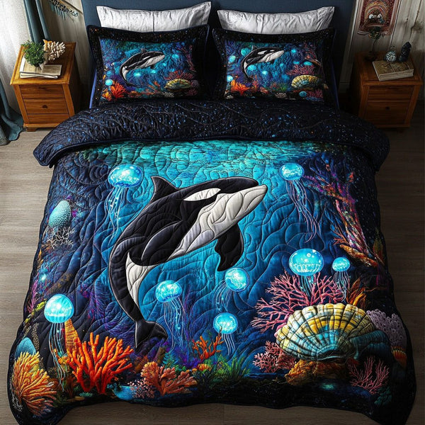 Aqua Ghosts quilted 3-piece bedding set on a made bed against a dark styled interior