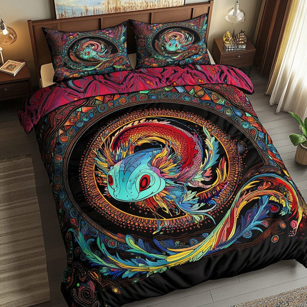 Aqua Glow quilted 3-piece bedding set on a made bed with two matching pillow shams