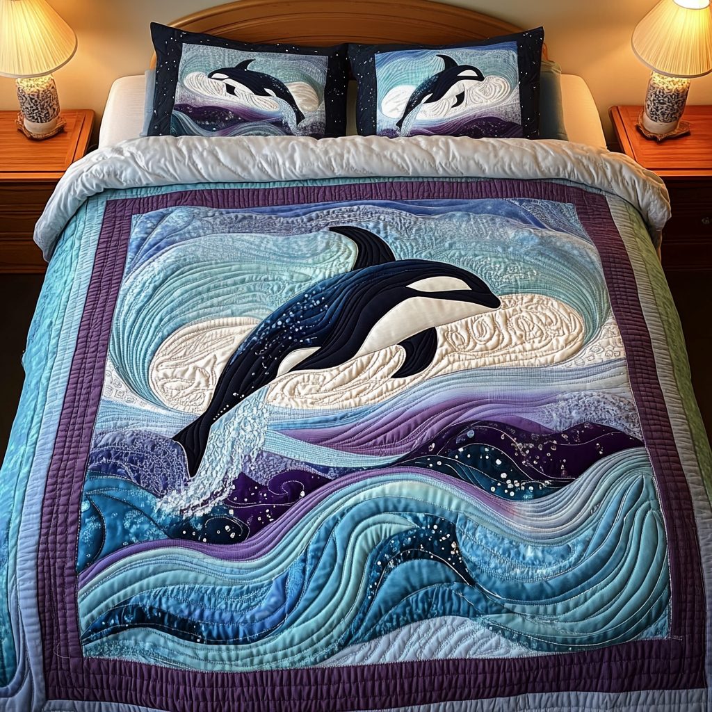 Aqua Harmony quilted 3-piece bedding set on a made bed with two matching pillow shams