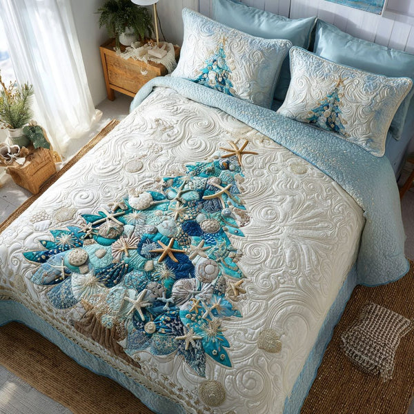 Aqua Holiday Glow quilted 3-piece bedding set on a made bed in a winter-styled bedroom