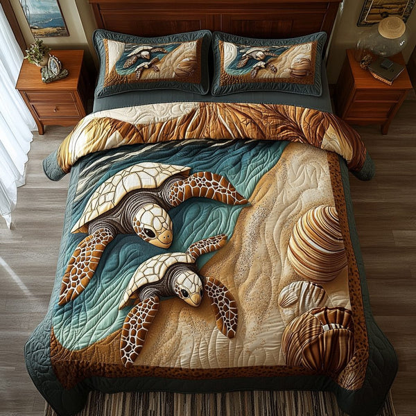 Aqua Nomad quilted 3-piece bedding set on a made bed with two matching pillow shams