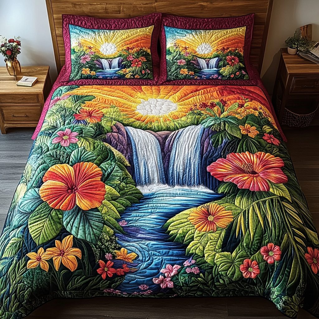 Aqua Paradise quilted 3-piece bedding set on a made bed with two matching pillow shams