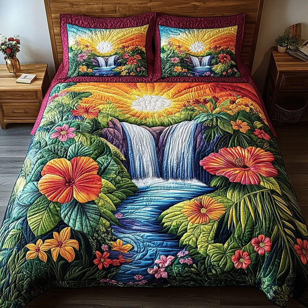Aqua Paradise quilted 3-piece bedding set on a made bed with two matching pillow shams