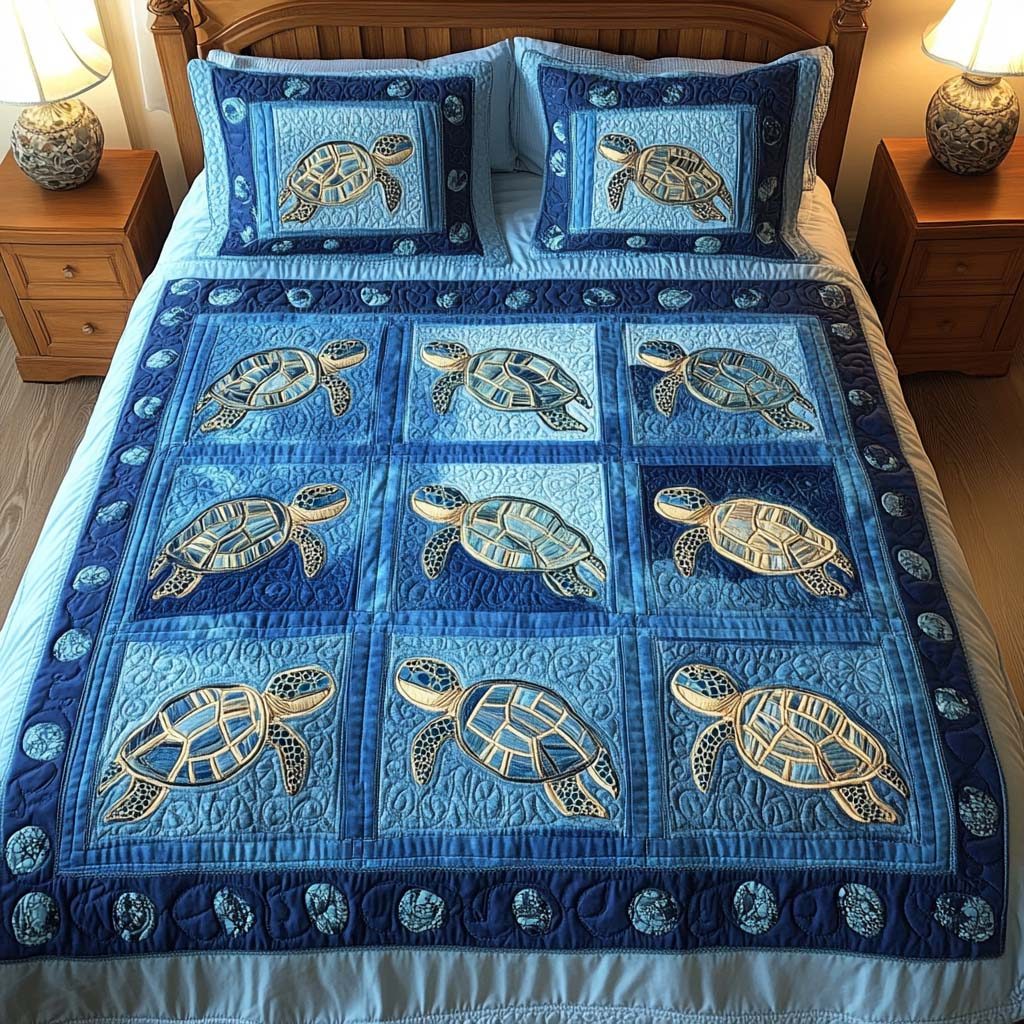 Aqua Patterns quilted 3-piece bedding set on a made bed with two matching pillow shams