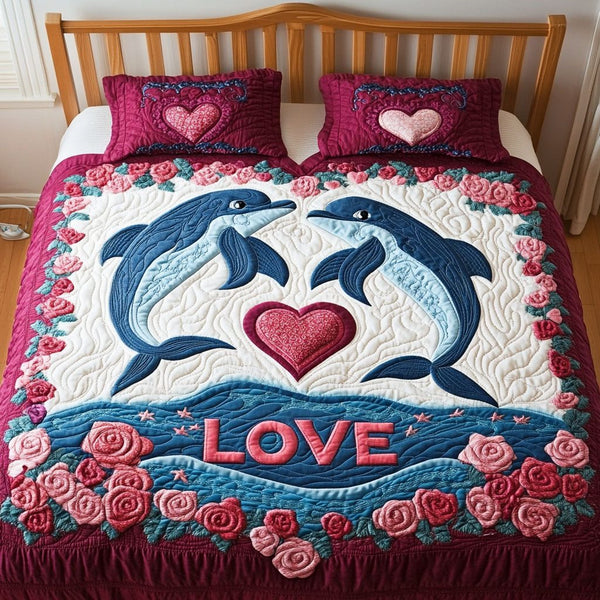 Aqua Soulmates quilted 3-piece bedding set on a made bed with two matching pillow shams