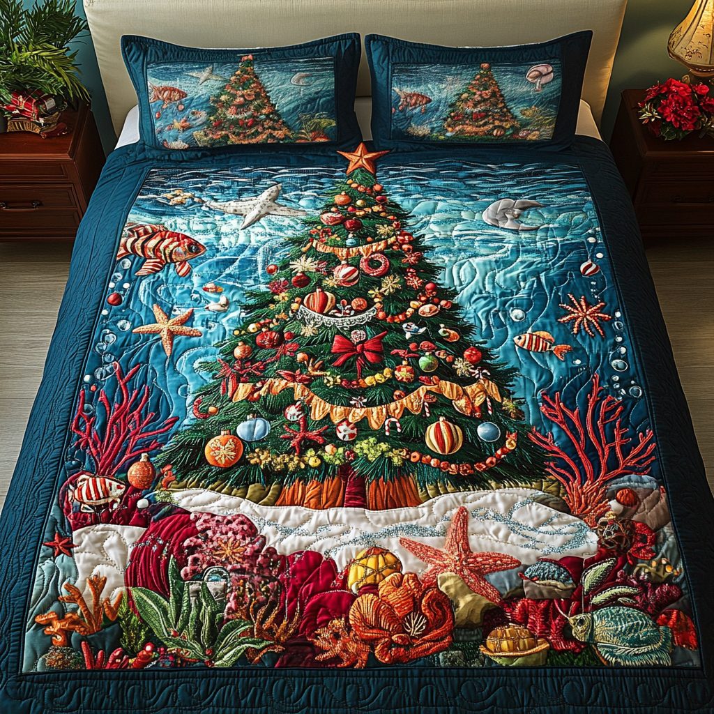 Aqua Tree quilted 3-piece bedding set on a made bed with two matching pillow shams