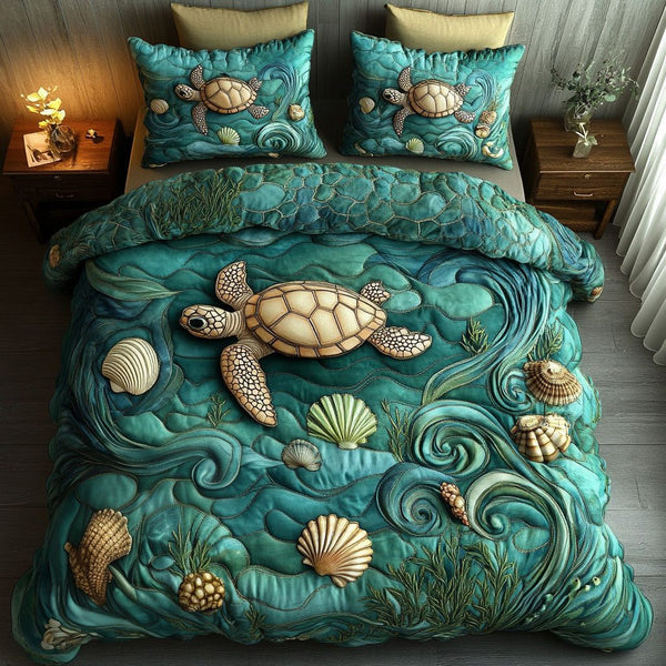 Aqua Turtle Trail quilted 3-piece bedding set on a made bed in a light coastal bedroom