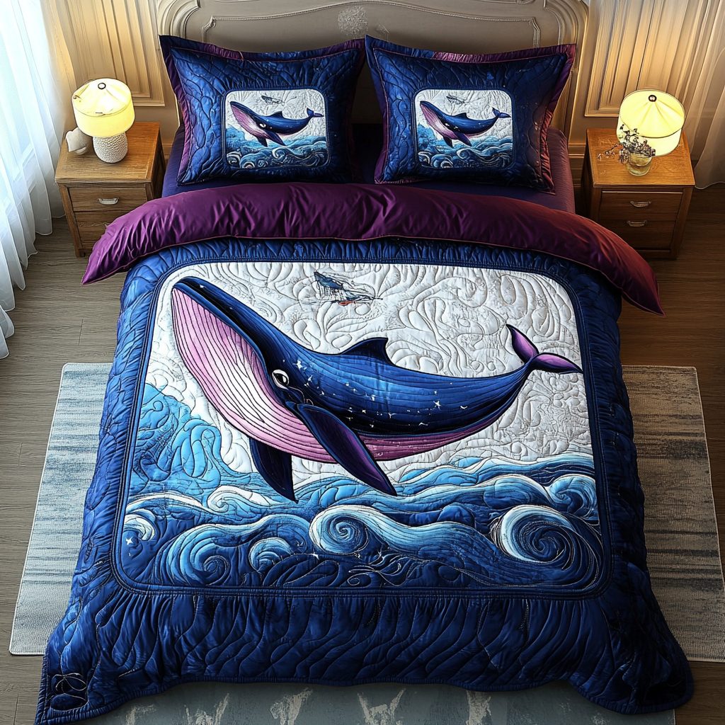 Aqua Voyager quilted 3-piece bedding set on a made bed with two matching pillow shams
