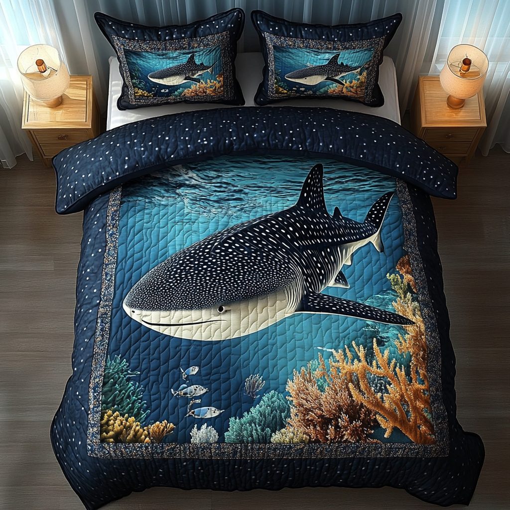 Aqua Voyager quilted 3-piece bedding set on a made bed with two matching pillow shams