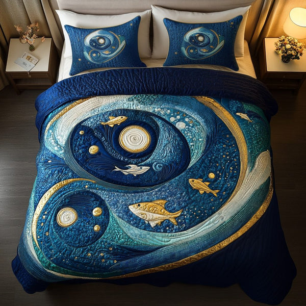 Aqua Whirl quilted 3-piece bedding set on a made bed with two matching pillow shams
