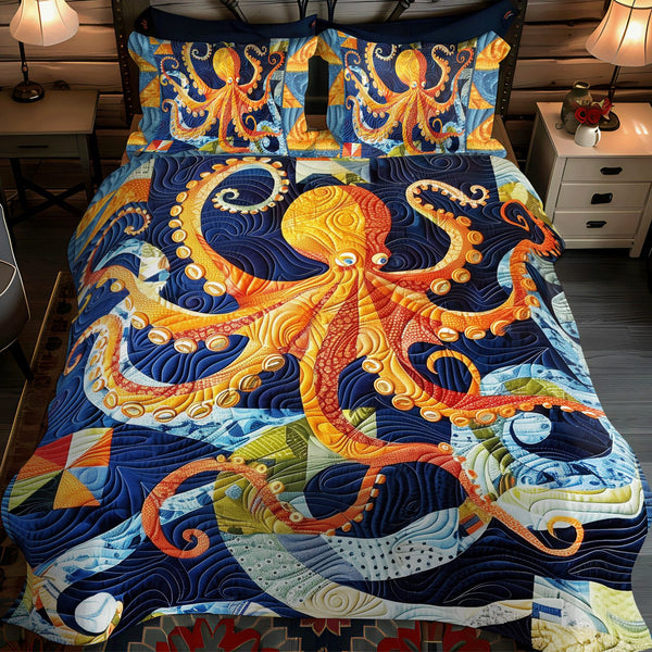 Aquatic Amaze quilted 3-piece bedding set on a made bed with two matching pillow shams