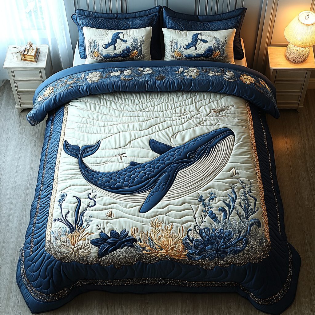 Aquatic Amaze quilted 3-piece bedding set on a made bed with two matching pillow shams