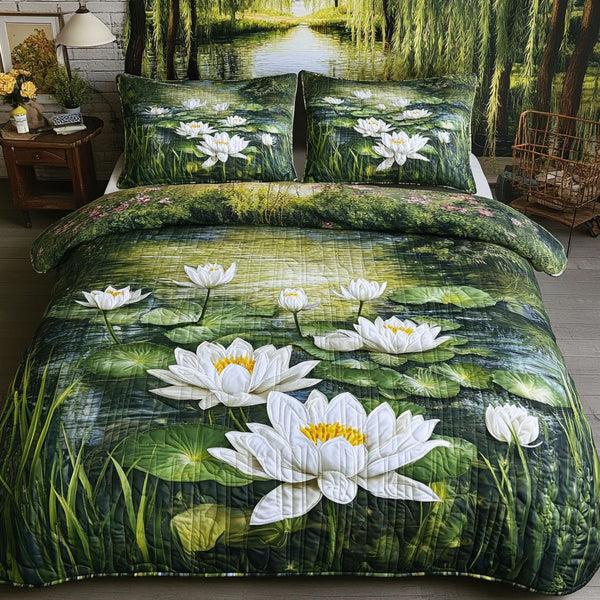Aquatic Beauty quilted 3-piece bedding set on a made bed with two matching pillow shams