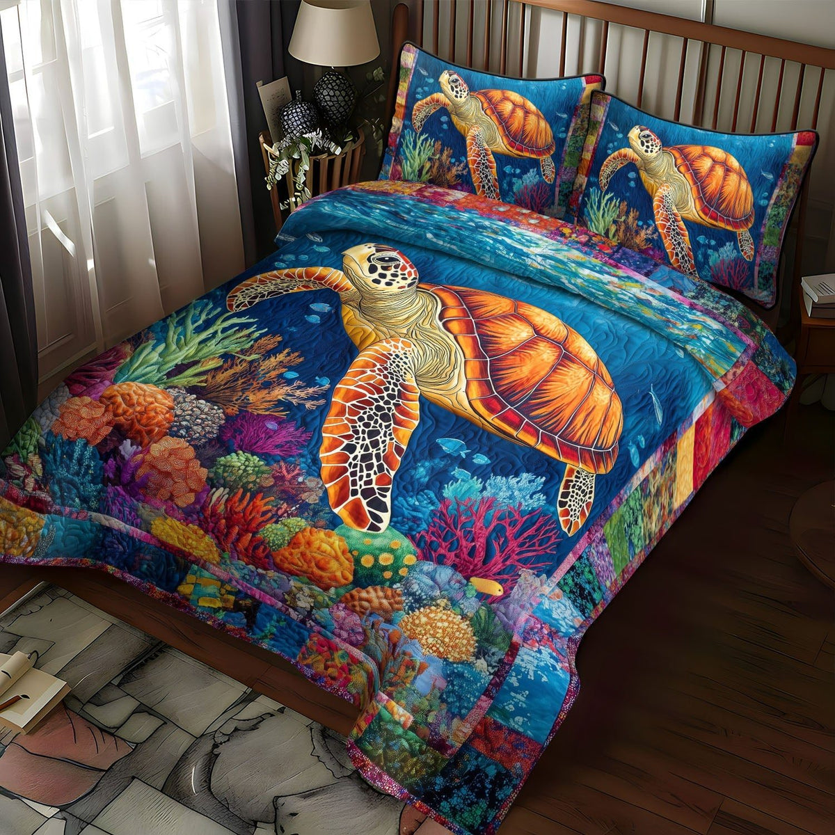 Aquatic Echoes quilted 3-piece bedding set on a made bed with two matching pillow shams