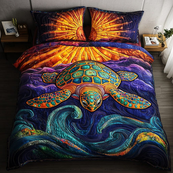 Aquatic Harmony quilted 3-piece bedding set on a made bed with two matching pillow shams