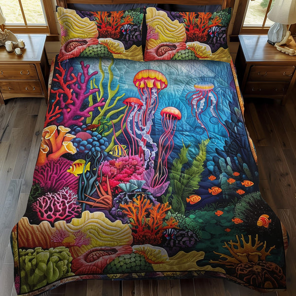 Aquatic Majesty quilted 3-piece bedding set on a made bed with two matching pillow shams