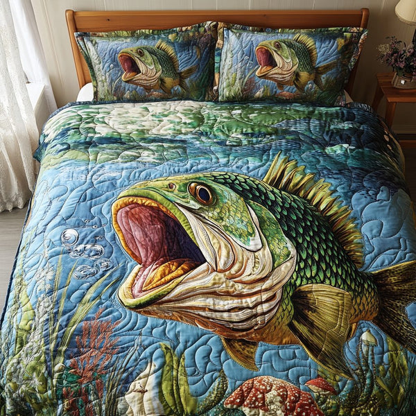 Aquatic Majesty quilted 3-piece bedding set on a made bed with two matching pillow shams