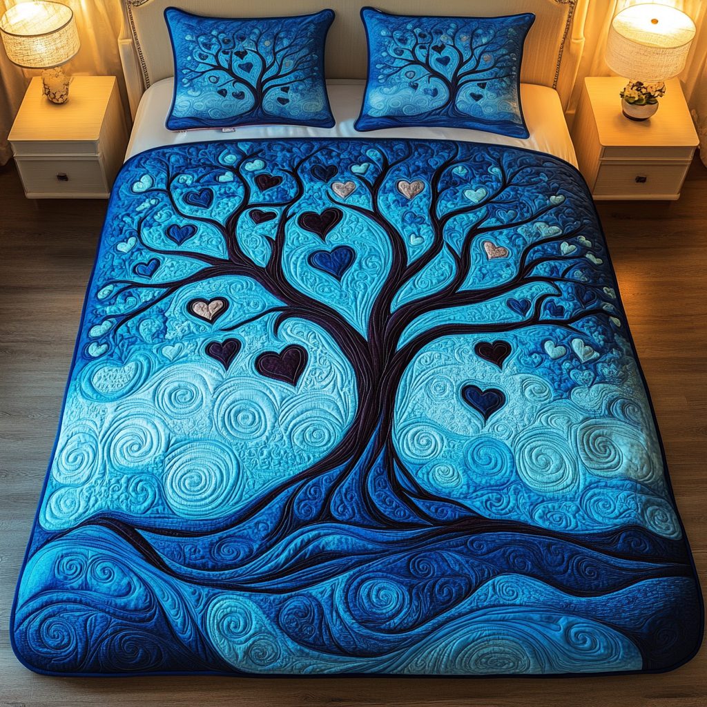 Arbor Amour quilted 3-piece bedding set on a made bed with two matching pillow shams