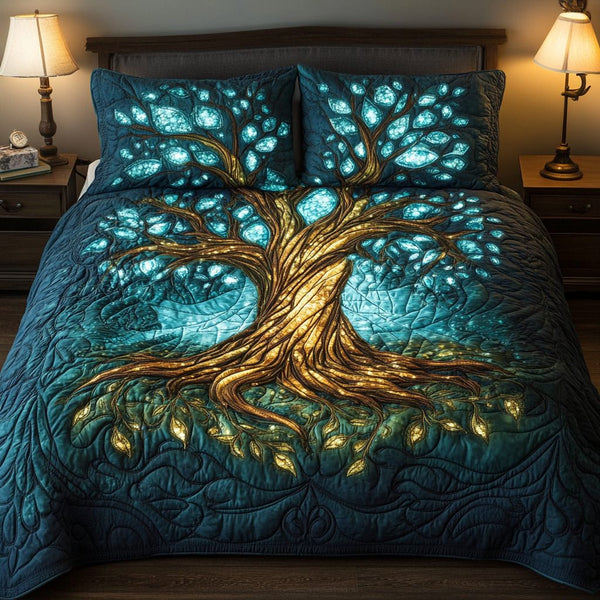 Arbor Harmony quilted 3-piece bedding set on a made bed with two matching pillow shams