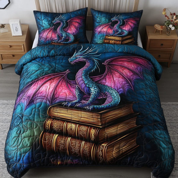 Arcane Bookkeeper quilted 3-piece bedding set on a made bed with two matching pillow shams