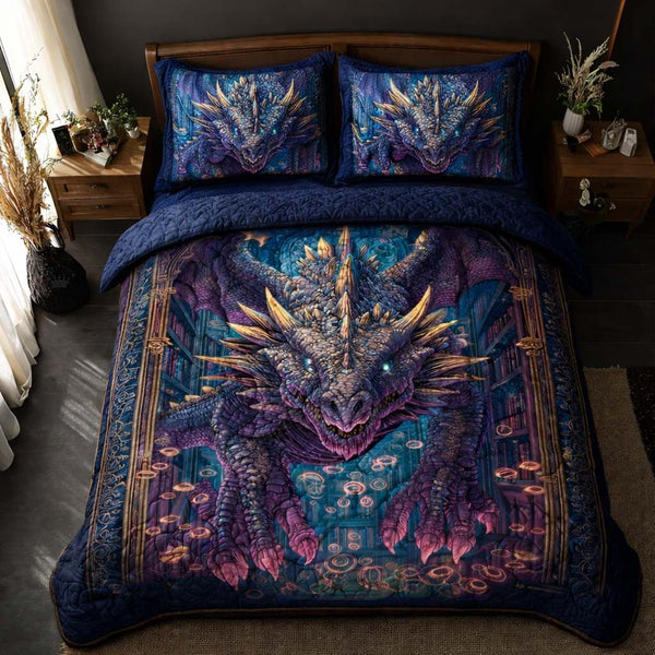 Arcane Dragon quilted 3-piece bedding set on a made bed with two matching pillow shams