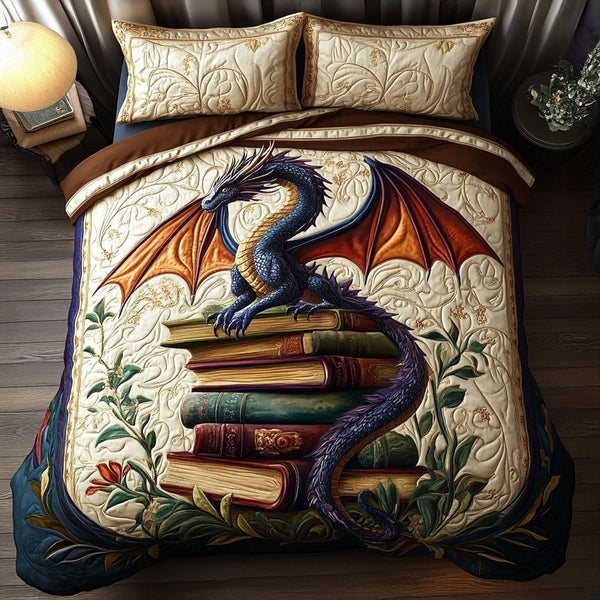 Arcane Dragon quilted 3-piece bedding set on a made bed with two matching pillow shams