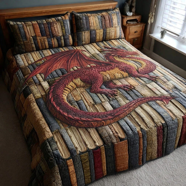 Arcane Library Dragon quilted 3-piece bedding set on a made bed with two matching pillow shams