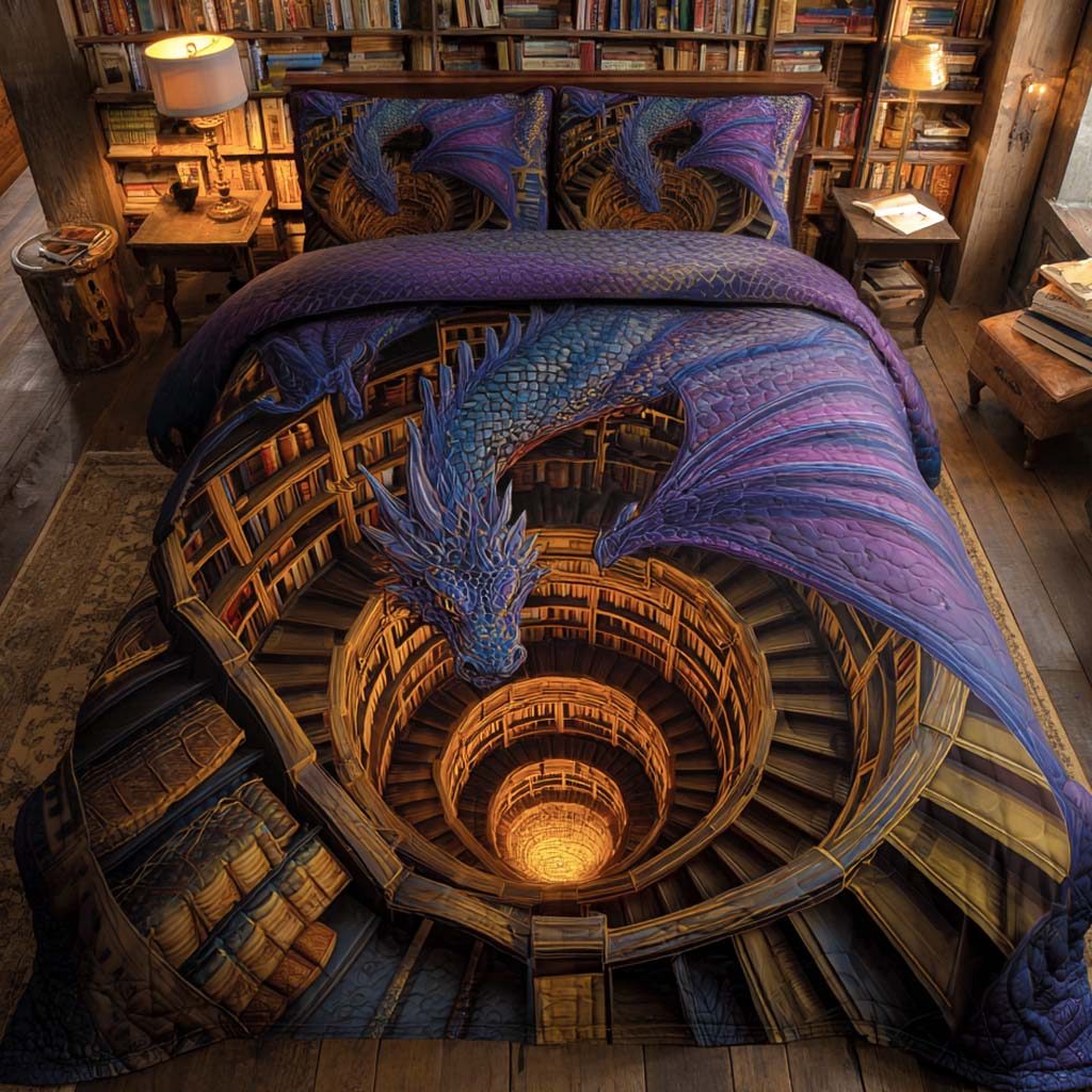 Arcane Spiral quilted 3-piece bedding set on a made bed with two matching pillow shams