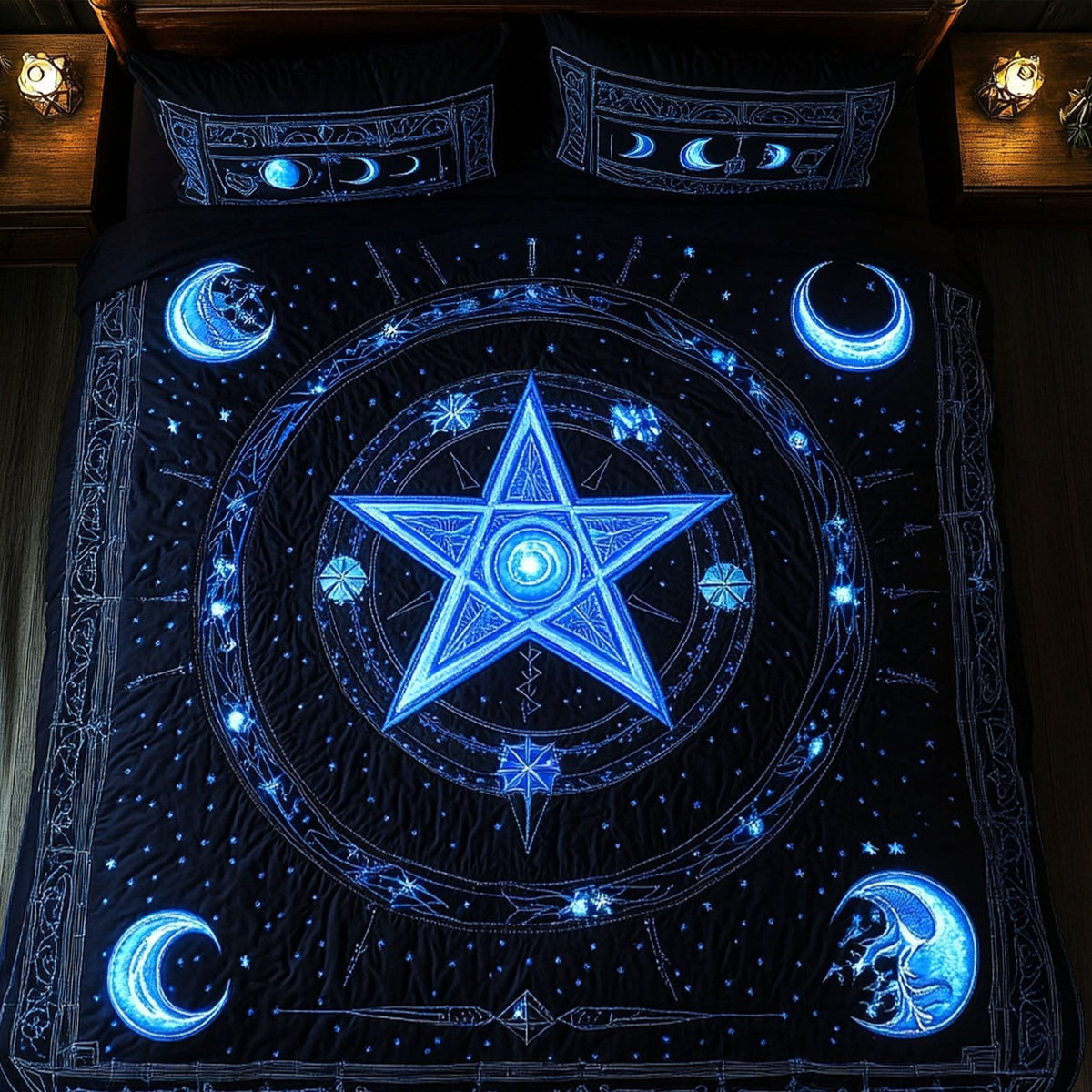 Arcane Star quilted 3-piece bedding set on a made bed with two matching pillow shams
