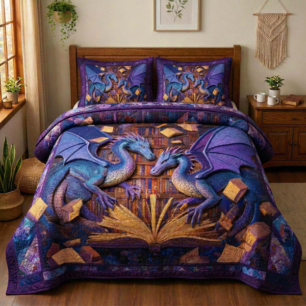 Arcane Twins quilted 3-piece bedding set on a made bed with two matching pillow shams