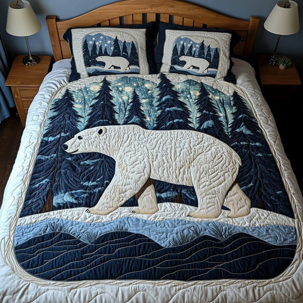 Arctic Bliss quilted 3-piece bedding set on a made bed with two matching pillow shams