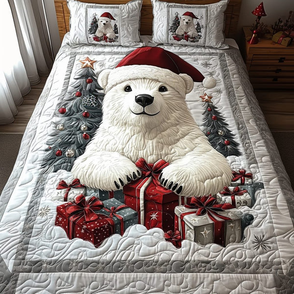 Arctic Cheer quilted 3-piece bedding set on a made bed with two matching pillow shams