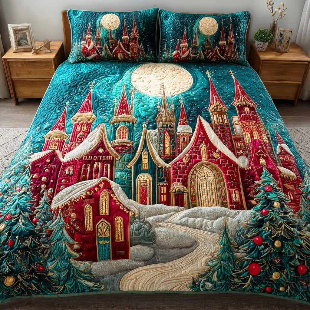 Arctic Gleam quilted 3-piece bedding set on a made bed with two matching pillow shams