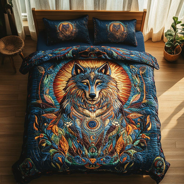 Arctic Howl quilted 3-piece bedding set on a made bed with two matching pillow shams