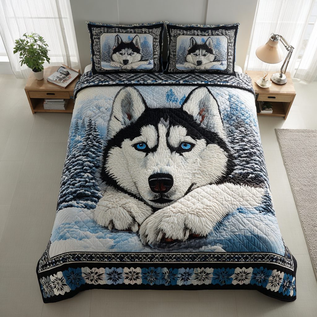 Arctic Husky Dream quilted 3-piece bedding set on a made bed with two matching pillow shams