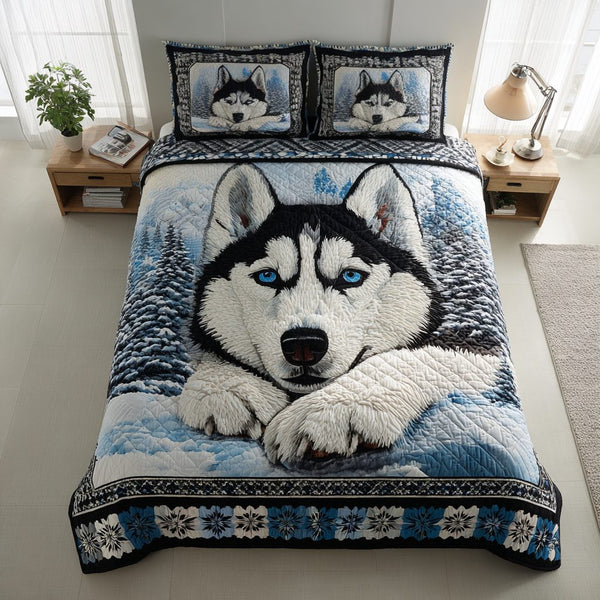 Arctic Husky Dream quilted 3-piece bedding set on a made bed with two matching pillow shams