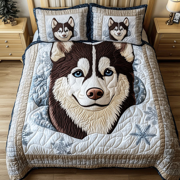 Arctic Husky Escape quilted 3-piece bedding set on a made bed with two matching pillow shams