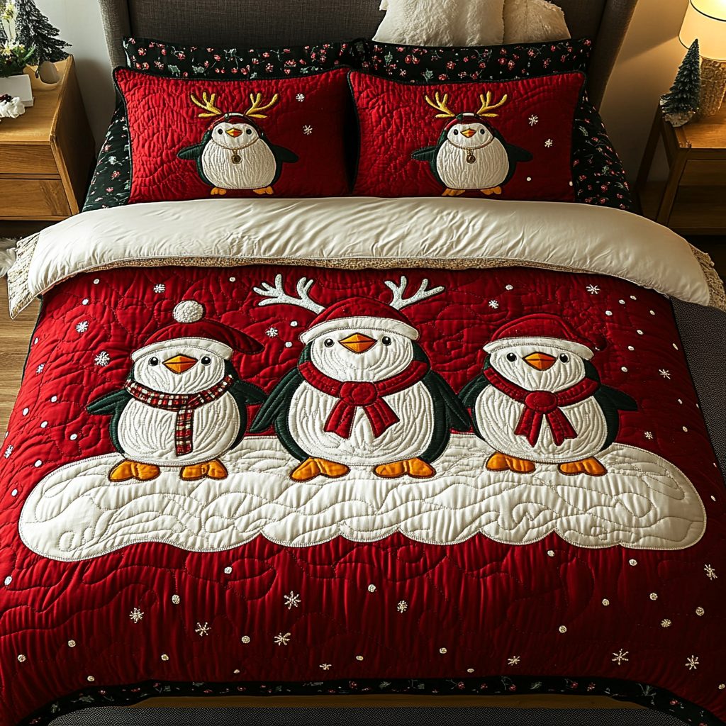 Arctic Joy quilted 3-piece bedding set on a made bed with two matching pillow shams